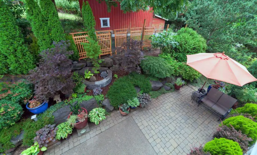 A patio garden with hostas in pots and a sitting area.